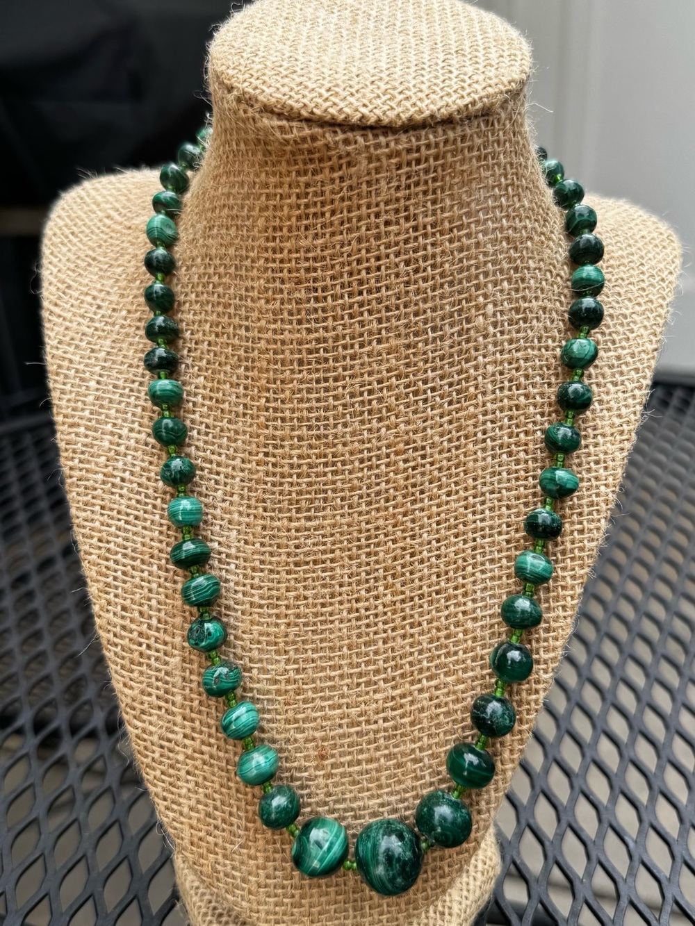 Vintage Malachite Beaded Necklace 20” Natural Stone Statement